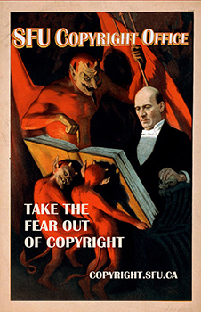 Old-fashioned poster of a magician who is surrounded by devils. The text reads, "Take the fear out of copyright: copyright.sfu.ca"
