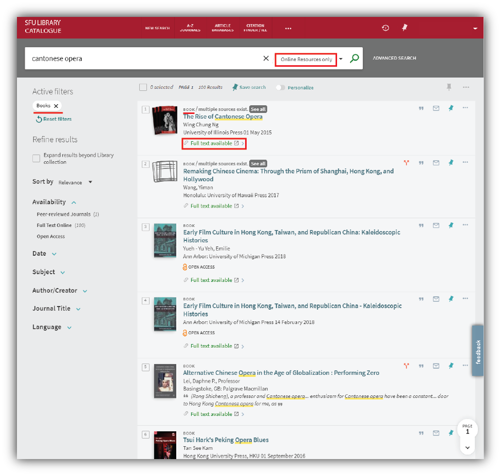 Reviewing SFU Library catalogue book search for the keywords Cantonese opera