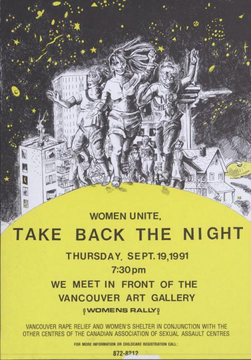 A drawing of a group of women against a background of the city skyline and stars.