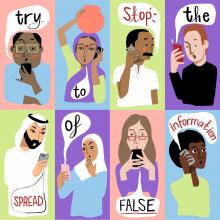UN COVID-19 Response Stop the spread of false information graphic eight different people on phones with speech bubbles saying Try to stop the spread of false information